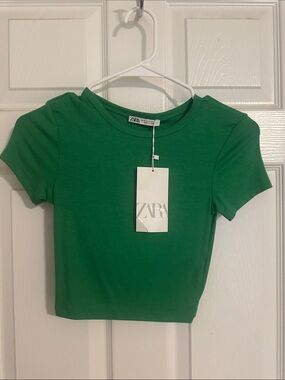 ZARA Girls' Bright Green Short Sleeve Crop Tee